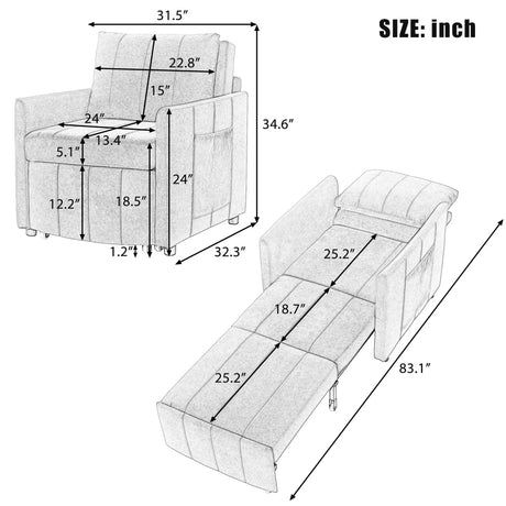 Upholstered Convertible Sleeper Sofa With 5 Position Backrest, Side Pockets, Storage - Furniture Home Direct