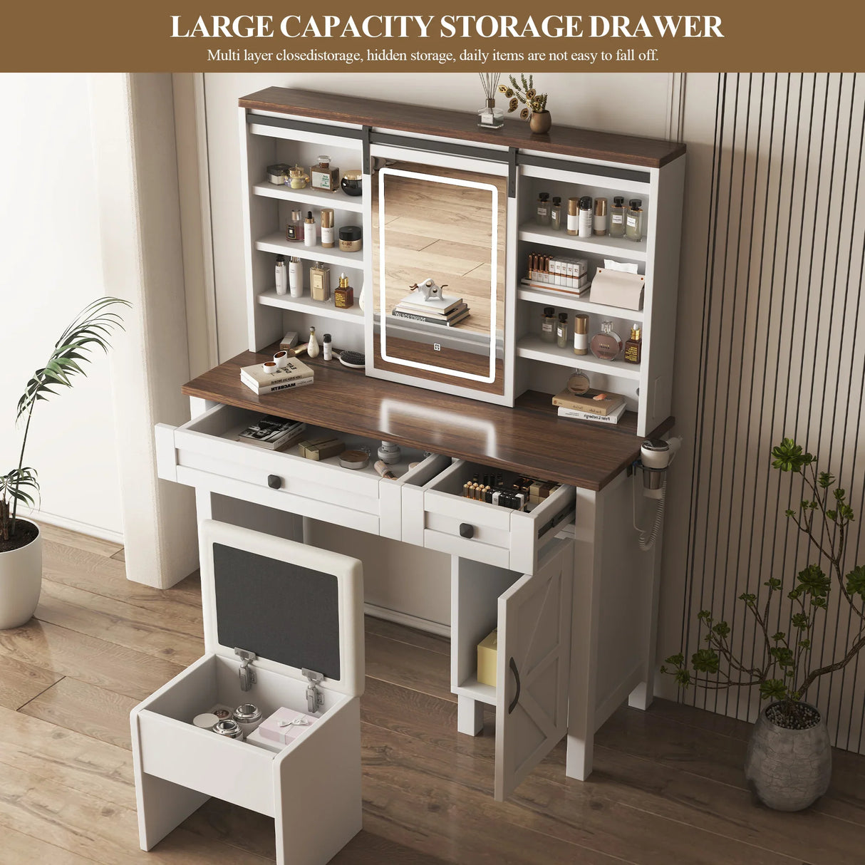 Vanity Desk With Sliding Mirror And LED Lights White - Furniture Home Direct
