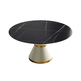 59.05" Modern Artificial Stone Round Carbon Steel Base Dining Table, Can Accommodate 6 People - Black / White - Furniture Home Direct