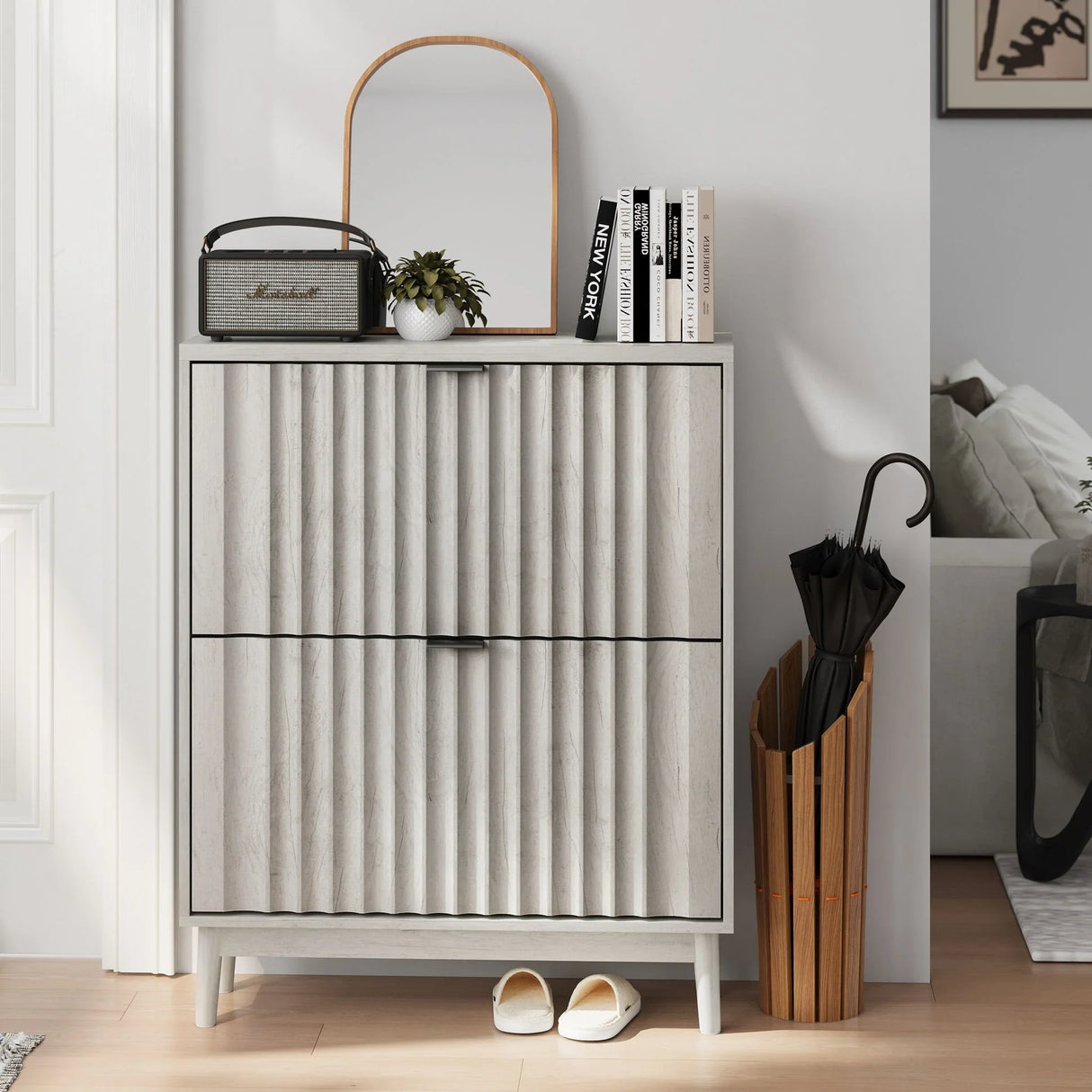 Shoe Cabinet With 2 Flip Drawers, Fluted Shoe Storage Cabinet For Entryway, Free Standing Shoe Storage Organizer With Wave Doors For Heels, Boots, Slippers In Hallway, Living Room - Gray - Furniture Home Direct