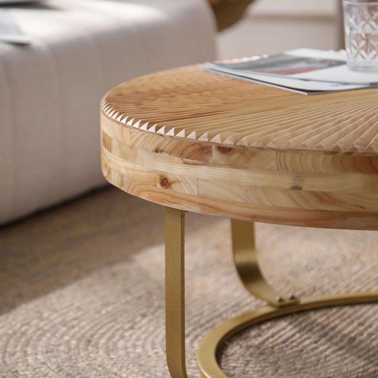 Coffee Table Round Carved Sunburst Top Natural Gold - Furniture Home Direct