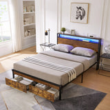Modern Metal Platform Bed Frame With Wooden Headboard, USB Charging, LED Lights, And Storage - Furniture Home Direct