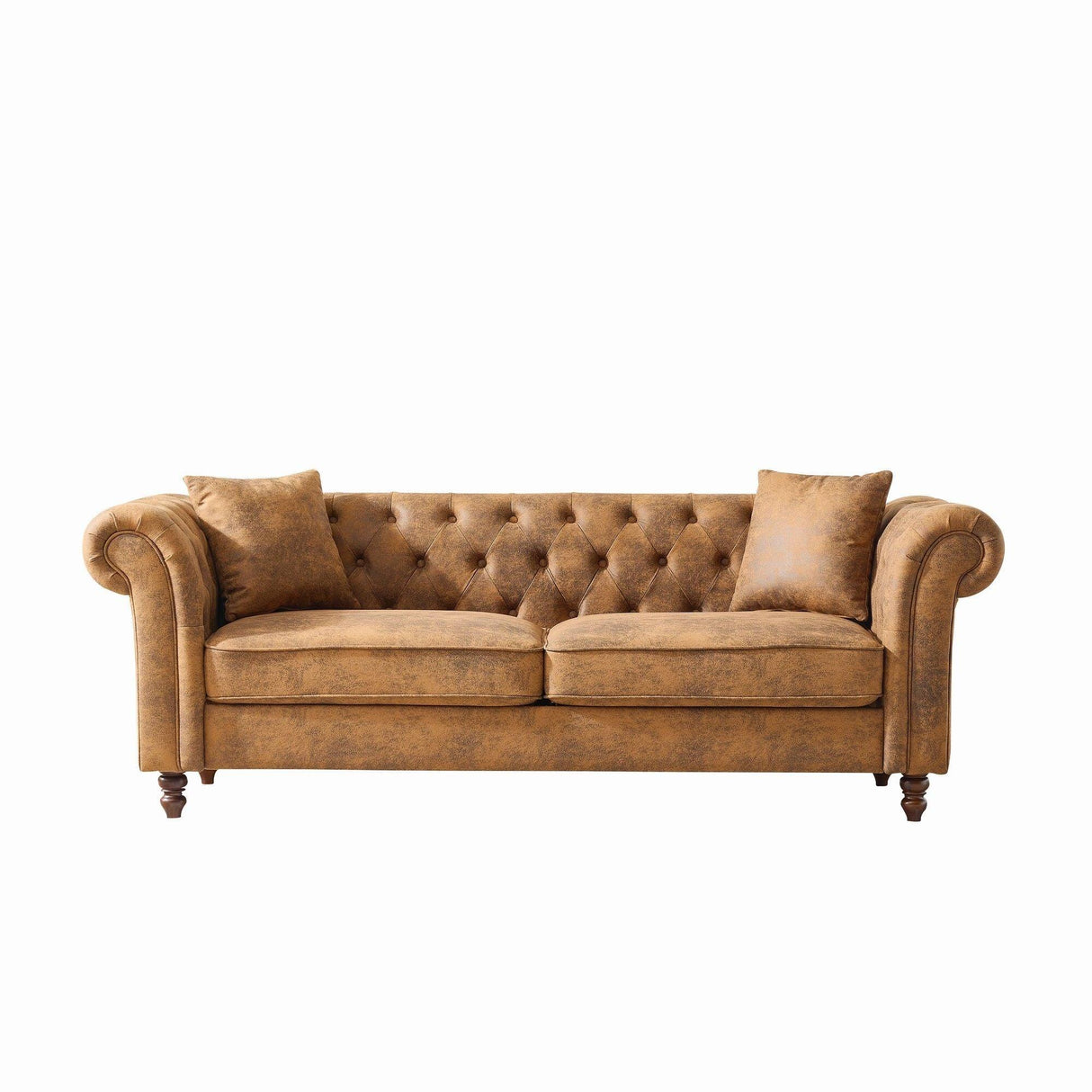 Chesterfield Sofa, High Roll Armrest Sofa, Upholstered Mid Century Modern Couch, 3 Seater Couch - Brown - Furniture Home Direct