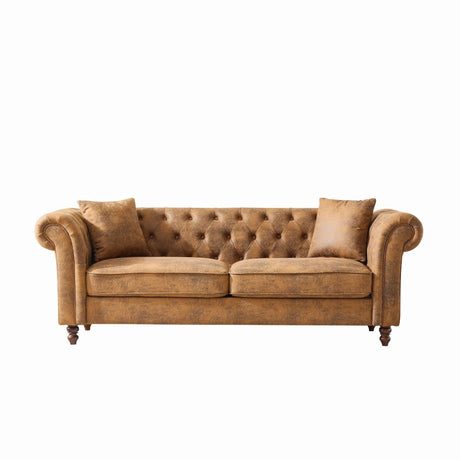 Chesterfield Sofa, High Roll Armrest Sofa, Upholstered Mid Century Modern Couch, 3 Seater Couch - Brown - Furniture Home Direct