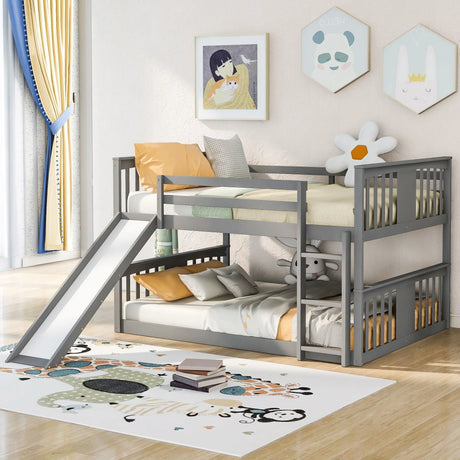 Full Over Full Bunk Bed With Ladder With Slide - Gray - Furniture Home Direct