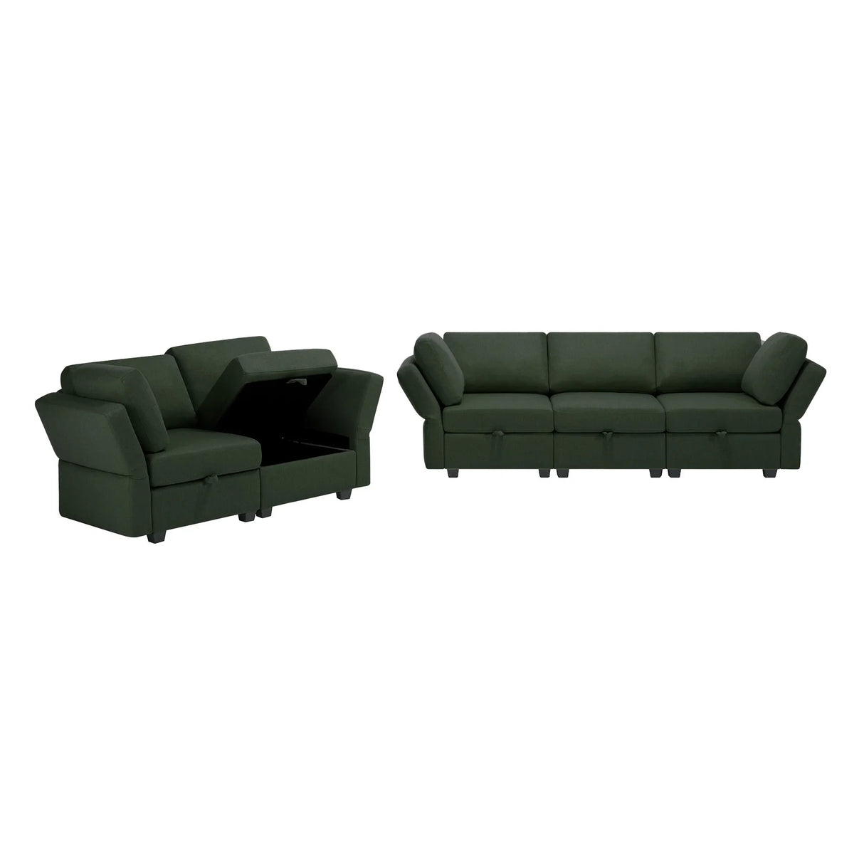 2 Pc Living room Set With Hidden Storage Under Seat and Adjustable Arms and Backs - Green - Furniture Home Direct