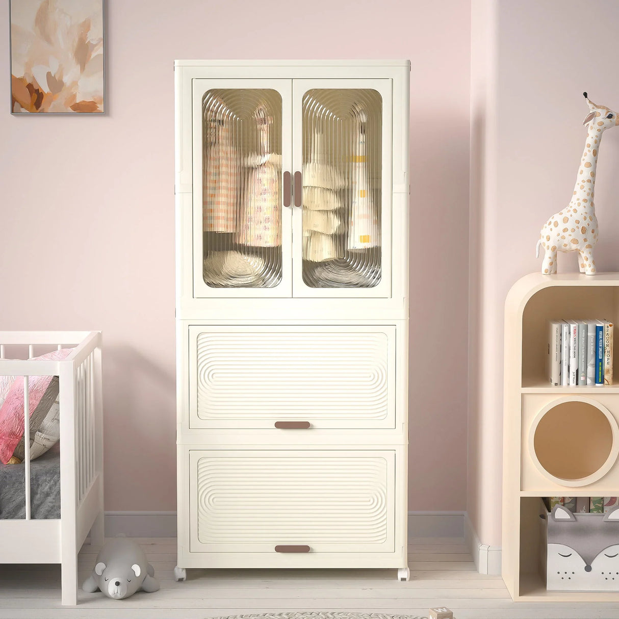 Portable Wardrobe Closet Storage Organizer With Magnetic Doors And Hanging Rod - Cream White - Furniture Home Direct