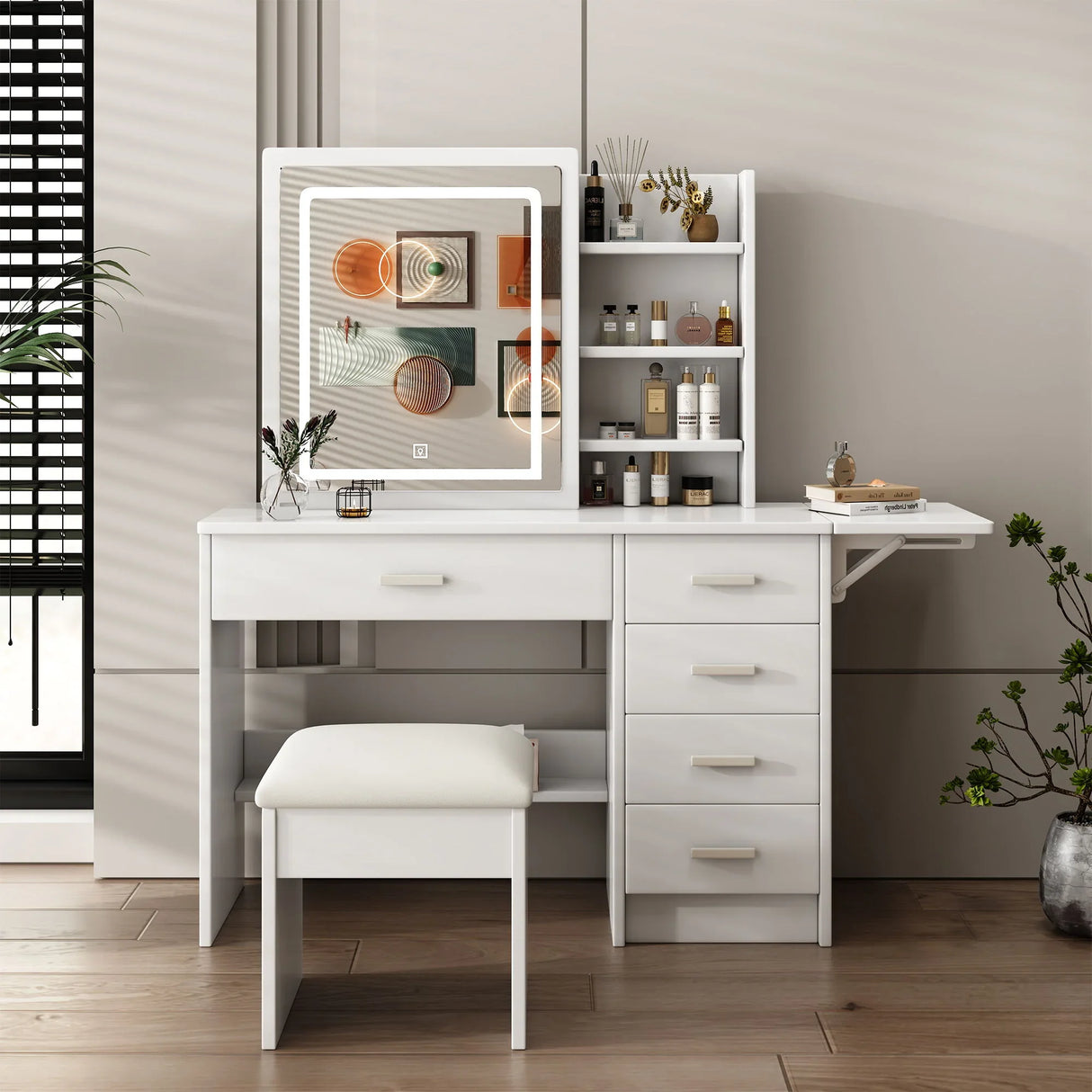 Fashion Vanity Desk With Mirror And Lights For Makeup, 5 Drawers, Adjustable Lighting - White - Furniture Home Direct