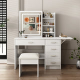 Fashion Vanity Desk With Mirror And Lights For Makeup, 5 Drawers, Adjustable Lighting - White - Furniture Home Direct