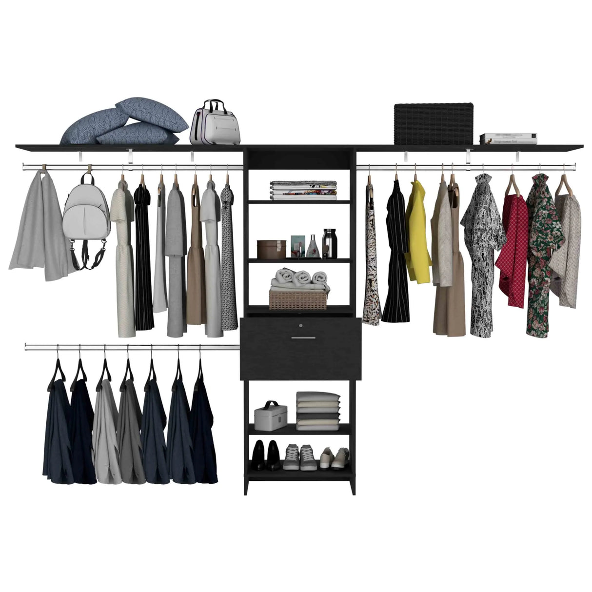 Closet System With Drawer And Hanging Rods Premium Black - Furniture Home Direct