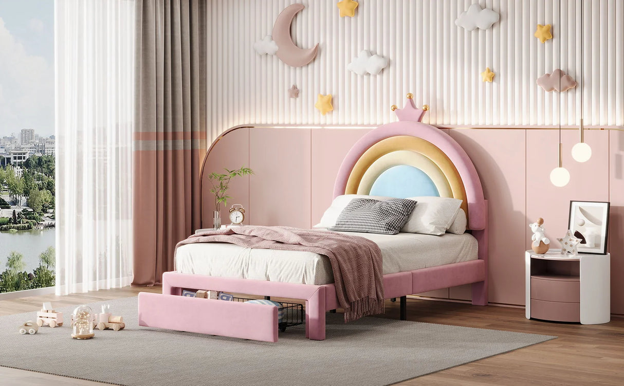 Upholstered Rainbow Design Bed, Velvet Princess Platform Bed With Storage Drawer - Furniture Home Direct