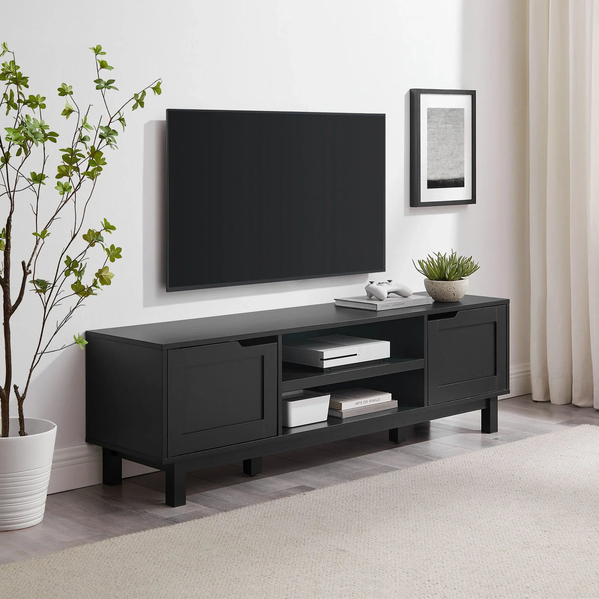 Modern 2 Door Open Storage TV Stand For TVs Up To 65" - Solid Black - Furniture Home Direct
