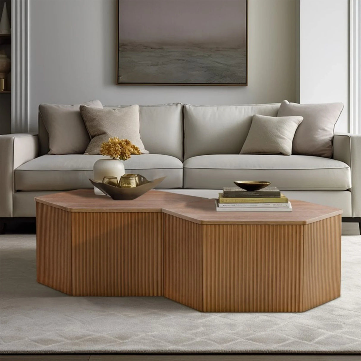 Hexagon Coffee Table With Fluted Design - Natural - Furniture Home Direct