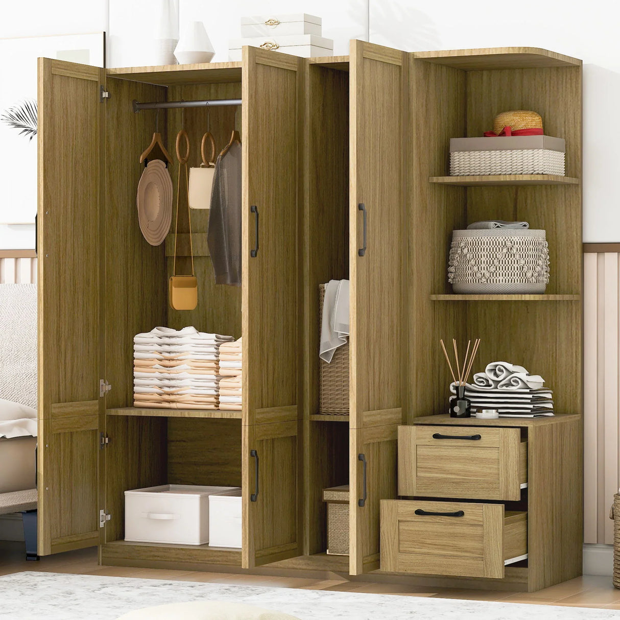 3 Door Storage Wardrobe For Dedroom With Shelves And 2 Drawers, Side Storage Shelves - Furniture Home Direct