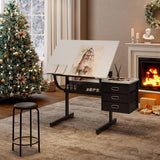 Adjustable Drafting Drawing Table With Stool And 3 Drawers - White / Black - Furniture Home Direct
