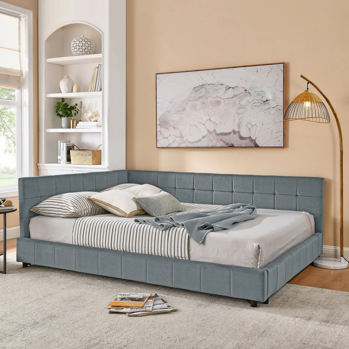 Mid-Century Storage Upholstered Tufted Bed Frame With Backrest And Armrests - Furniture Home Direct