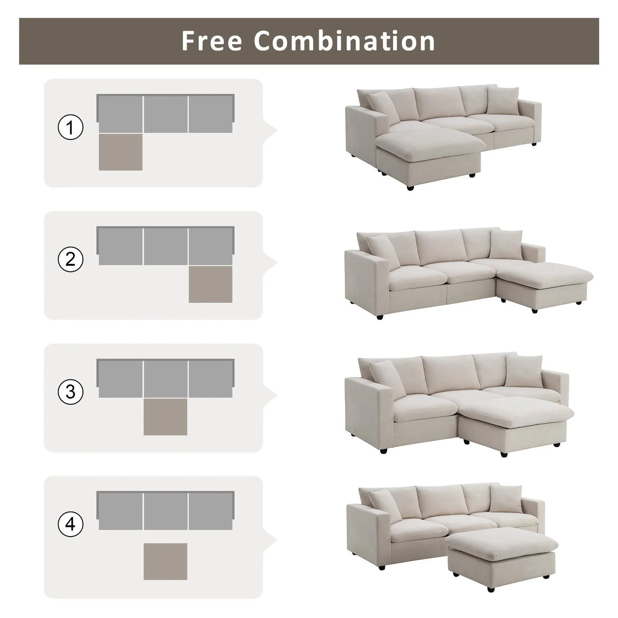 Modern Sectional Sofa With Throw Pillows, Cloud L Shaped Couch Set With Wide 4 Seat Comfy Couch Set With Movable Ottoman - Furniture Home Direct