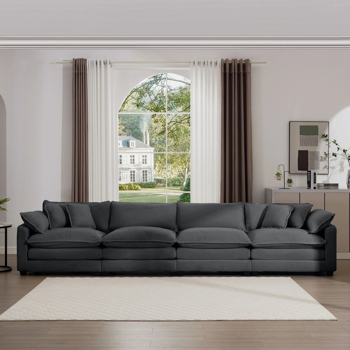 Modern Upholstered 4 Seater Corduroy Fabric Sofa With Arm And Throw Pillows - Furniture Home Direct