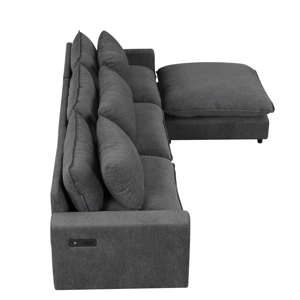 Chenille Cloud Sectional with Ottoman, Charging Ports and Three Back Pillows - Grey - Furniture Home Direct