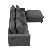 Chenille Cloud Sectional with Ottoman, Charging Ports and Three Back Pillows - Grey - Furniture Home Direct