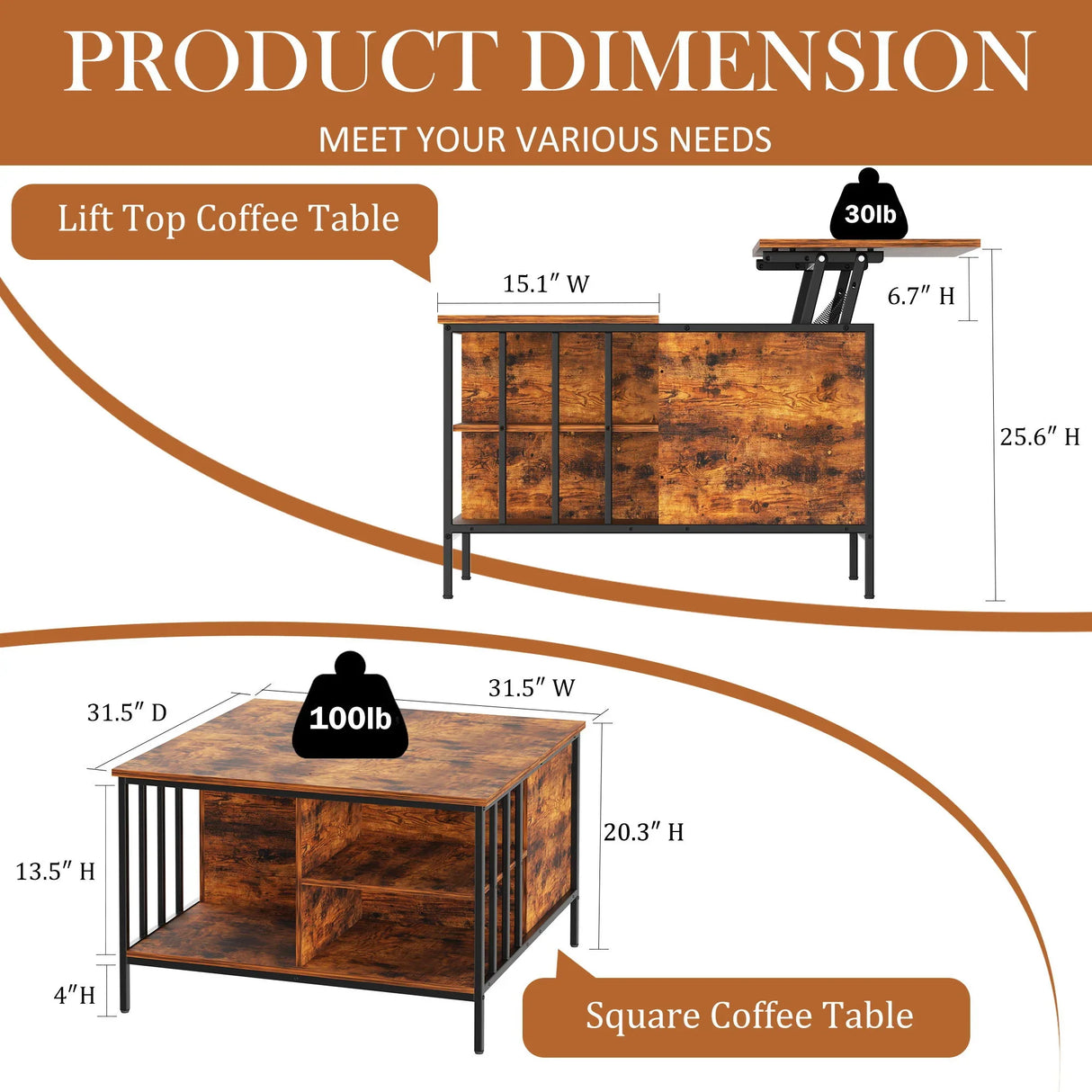 Lift Top Coffee Table With Storage, Adjustable Height Living Room - Black / Brown - Furniture Home Direct