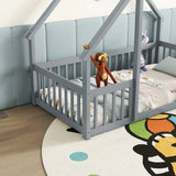 Wood House-Shaped Floor Bed With Fence, Guardrails - Furniture Home Direct
