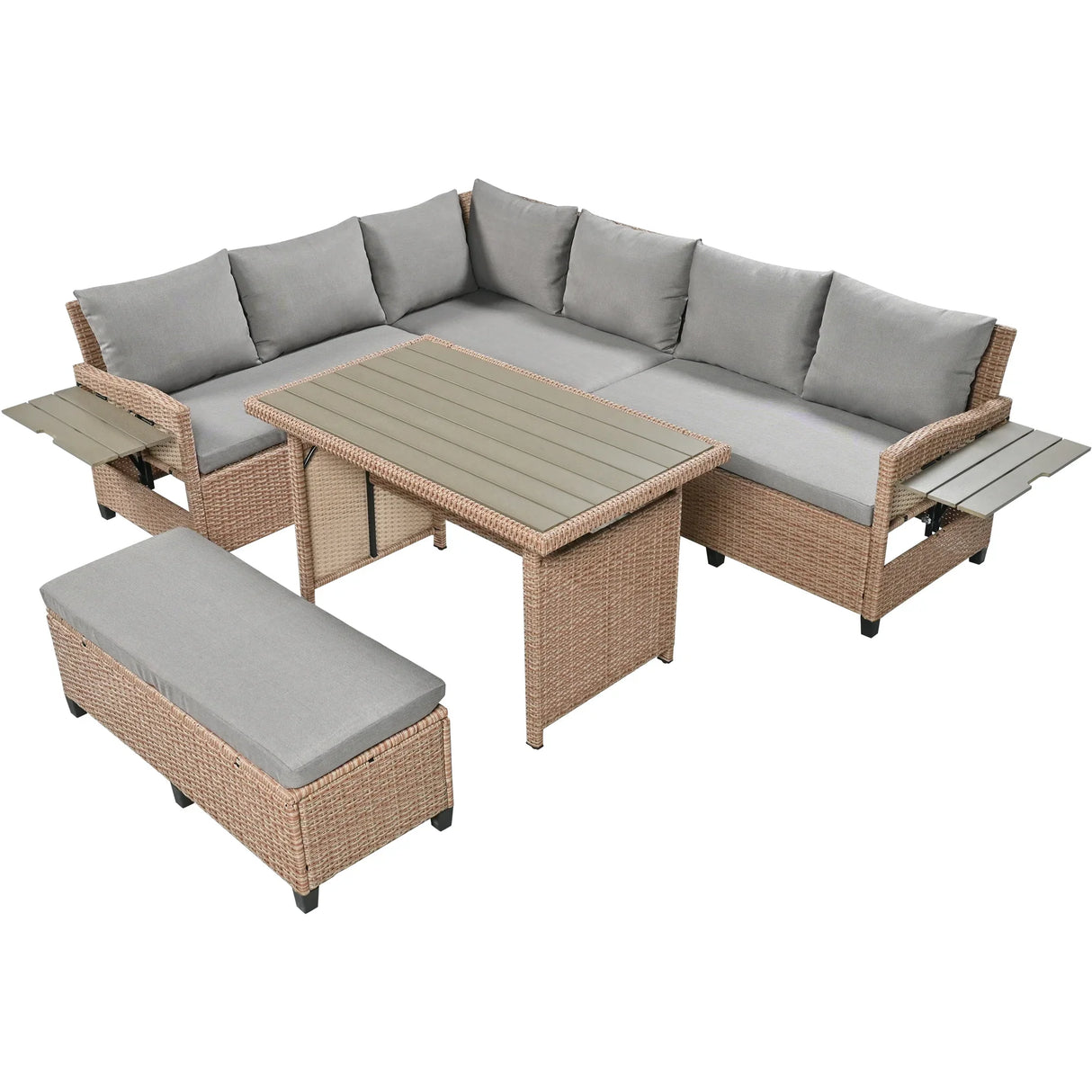 Outdoor Sectional with 2 Extendable Side Tables and Washable Covers - Brown - Furniture Home Direct