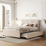 Upholstered Platform Bed With Brick Pattern Headboard And Twin Long Size Trundle - Furniture Home Direct