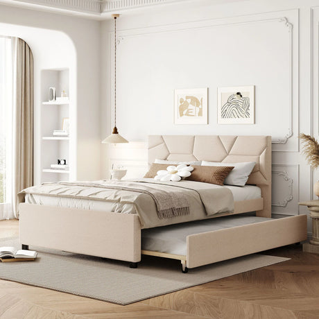 Upholstered Platform Bed With Brick Pattern Headboard And Twin Long Size Trundle - Furniture Home Direct