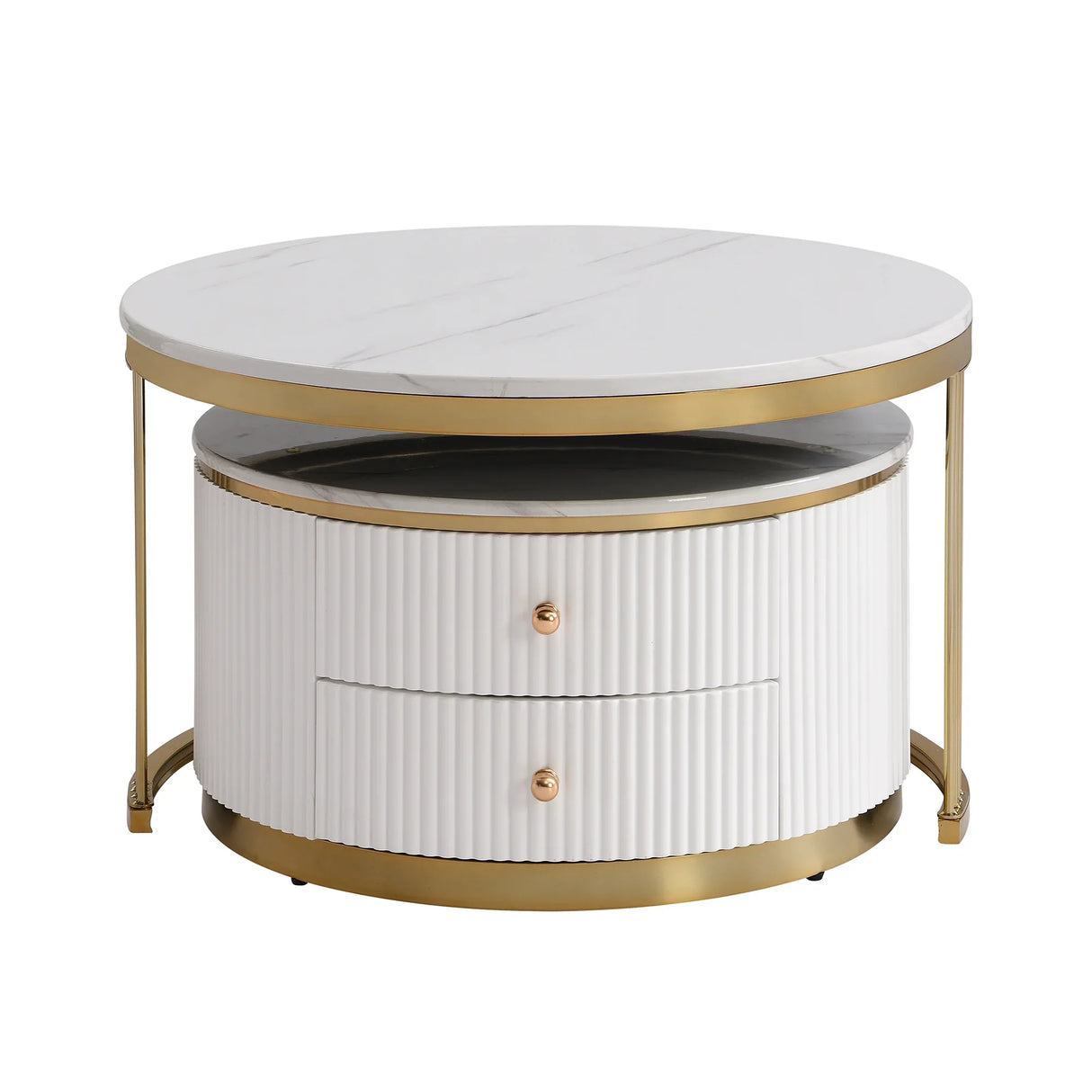 Nesting Coffee Tables With Drawers Round White And Gold - Furniture Home Direct