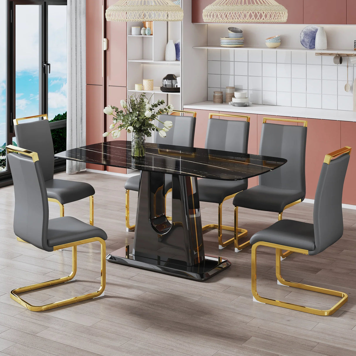 Dining Table With Imitation Marble Top, Modern Black - Furniture Home Direct