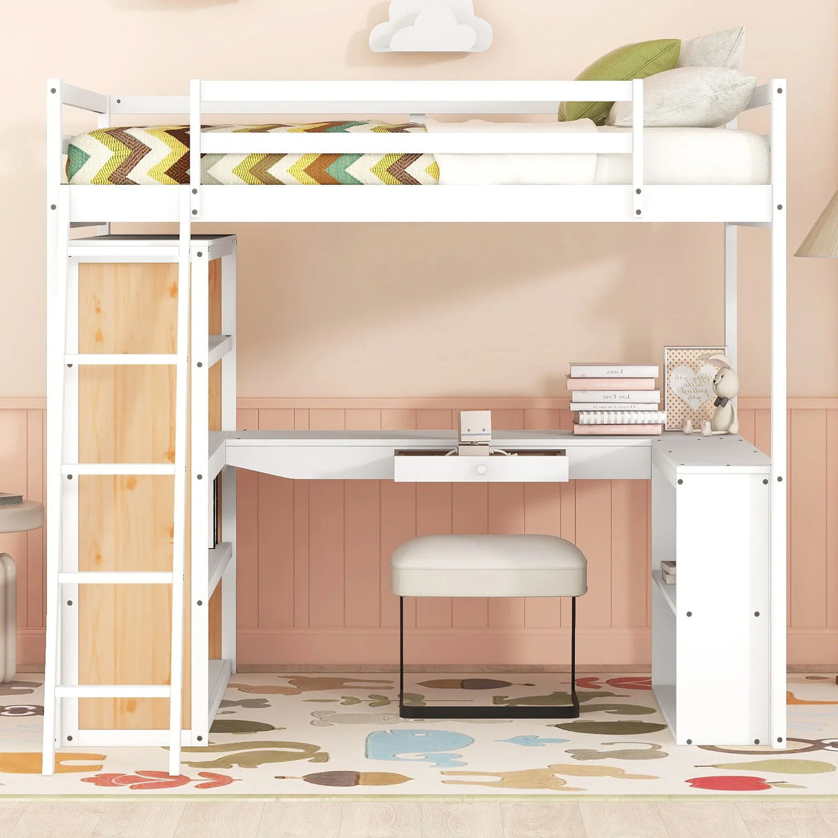 Loft Bed With Ladder, Shelves, And Desk - Furniture Home Direct