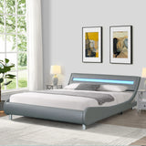 Queen Size Upholstered Platform Bed Frame With LED Lighting, Curve Design, Wood Slat Support, No Box Spring Needed - Gray - Furniture Home Direct