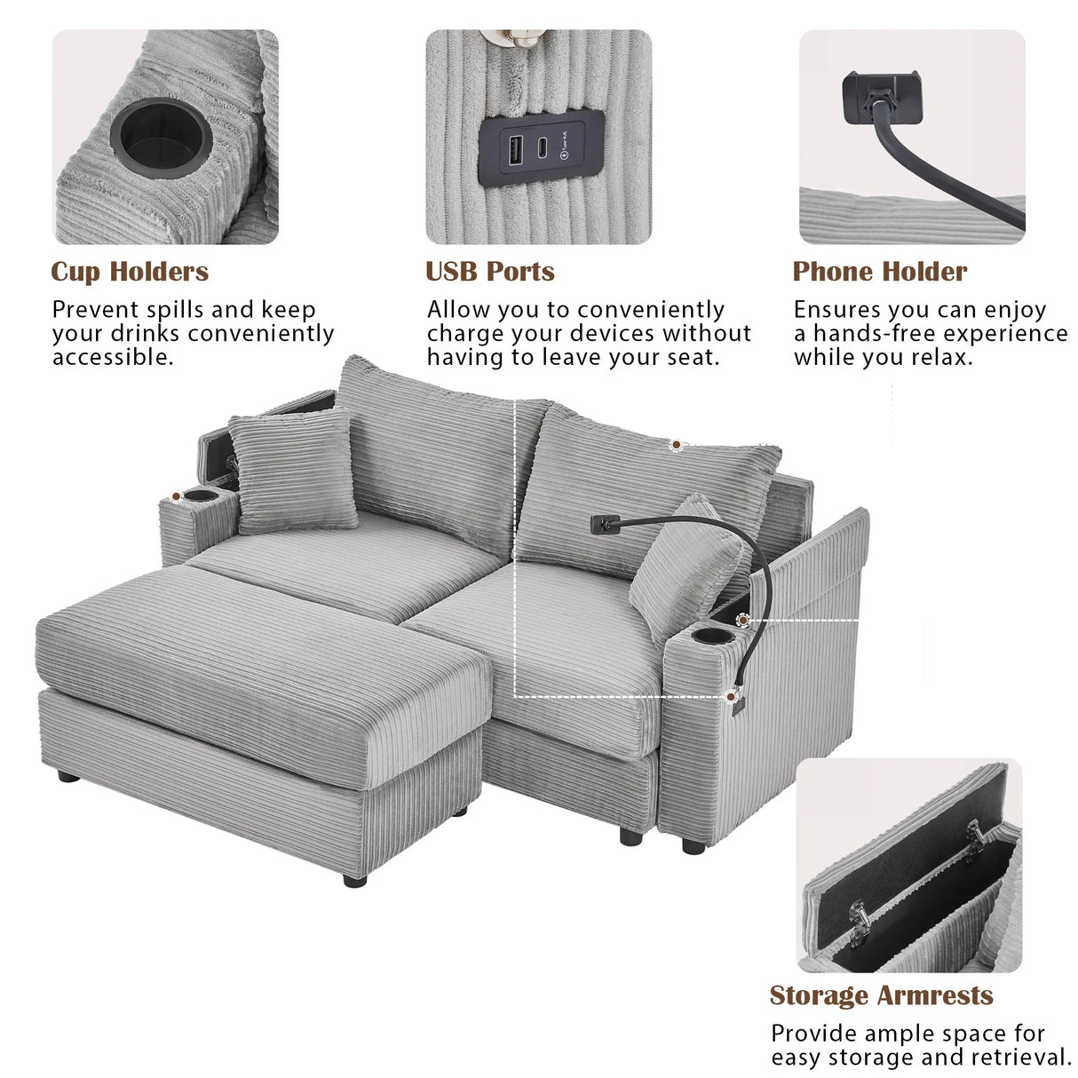 Modern Style Loveseat With Storage, Ottoman, Two USB Ports, Two Cup Holders and Phone Holder - Gray - Furniture Home Direct