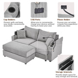 Modern Style Loveseat With Storage, Ottoman, Two USB Ports, Two Cup Holders and Phone Holder - Gray - Furniture Home Direct