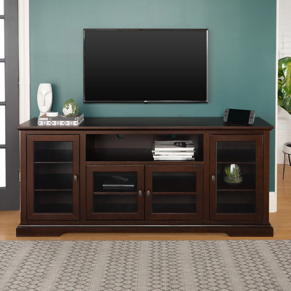 Transitional Classic 70" TV Stand For 80" TVs With 4 Glass Doors - Furniture Home Direct