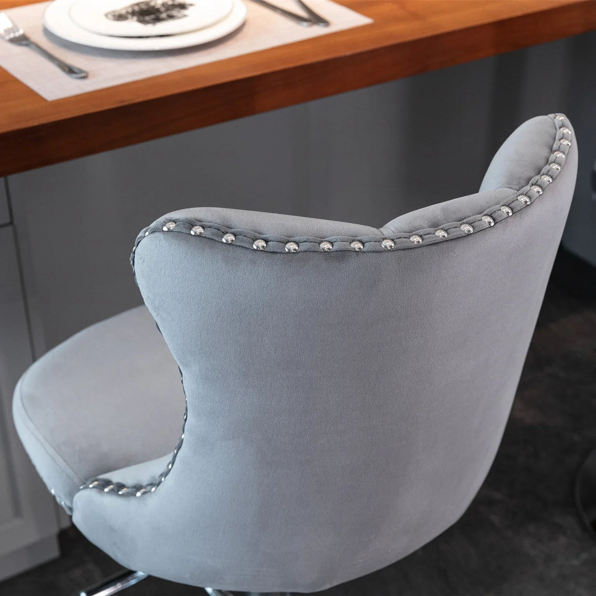 Counter Height Bar Stools Velvet Tufted Back Chrome Gray - Furniture Home Direct