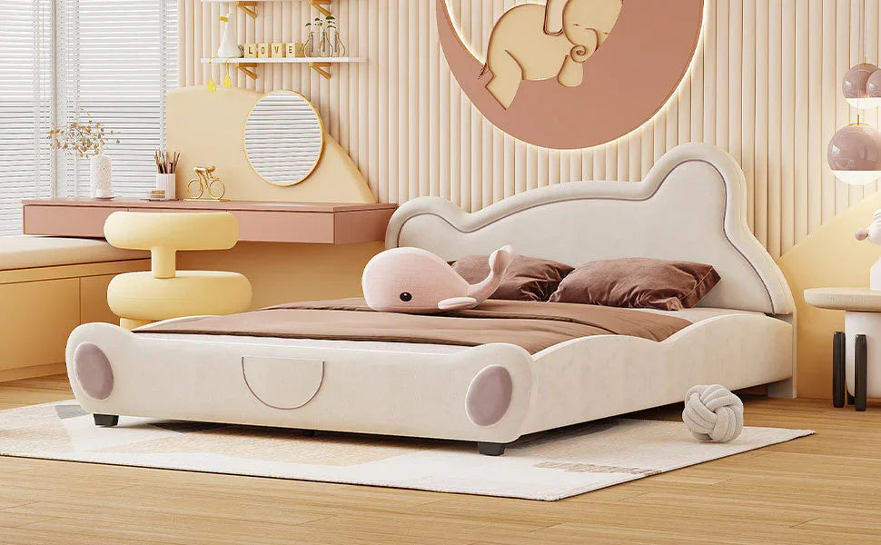 Kids Bed Bear Headboard with BuiltIn Storage Beige - Furniture Home Direct
