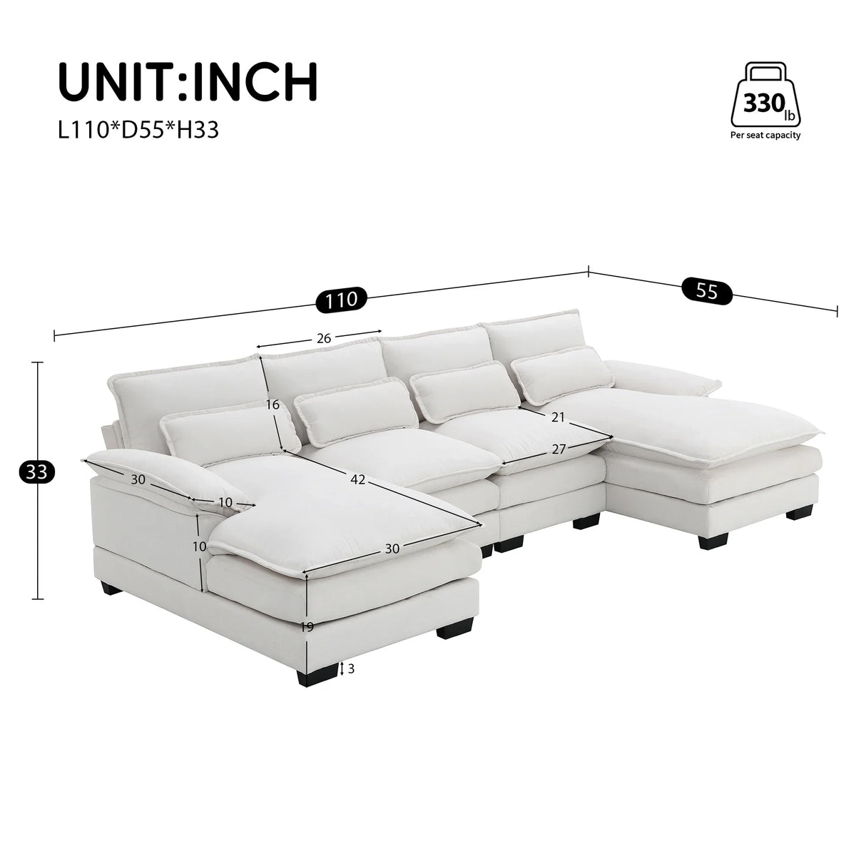 Sectional Sofa Modern U Shaped Chenille Seats 6 White - Furniture Home Direct