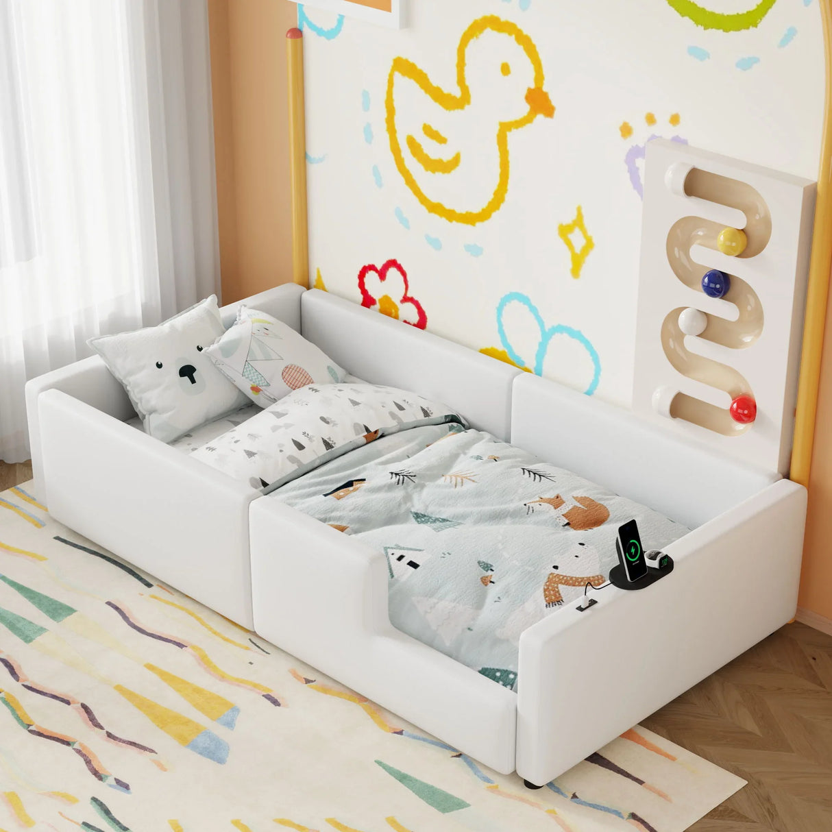 Twin Size Upholstered Platform Bed With Guardrail And Charging Station - White - Furniture Home Direct