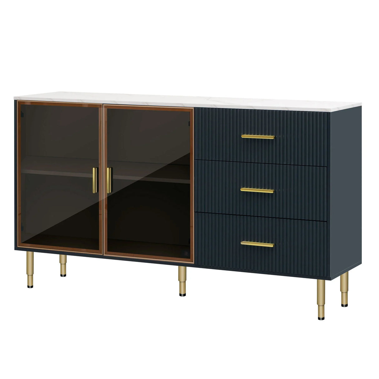 Modern Sideboard Buffet Cabinet Marble Sticker Tabletop And Amber-Yellow Tempered Glass Doors With Gold Metal Legs & Handles - Furniture Home Direct