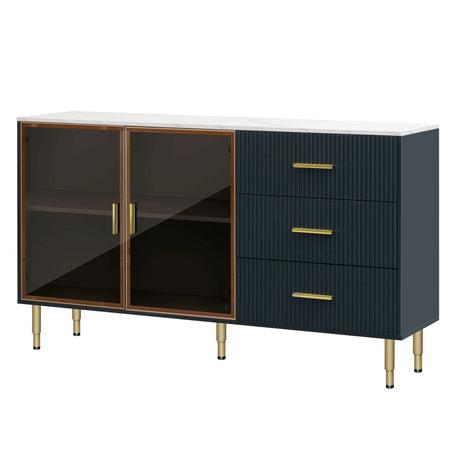 Modern Sideboard Buffet Cabinet Marble Sticker Tabletop And Amber-Yellow Tempered Glass Doors With Gold Metal Legs & Handles - Furniture Home Direct