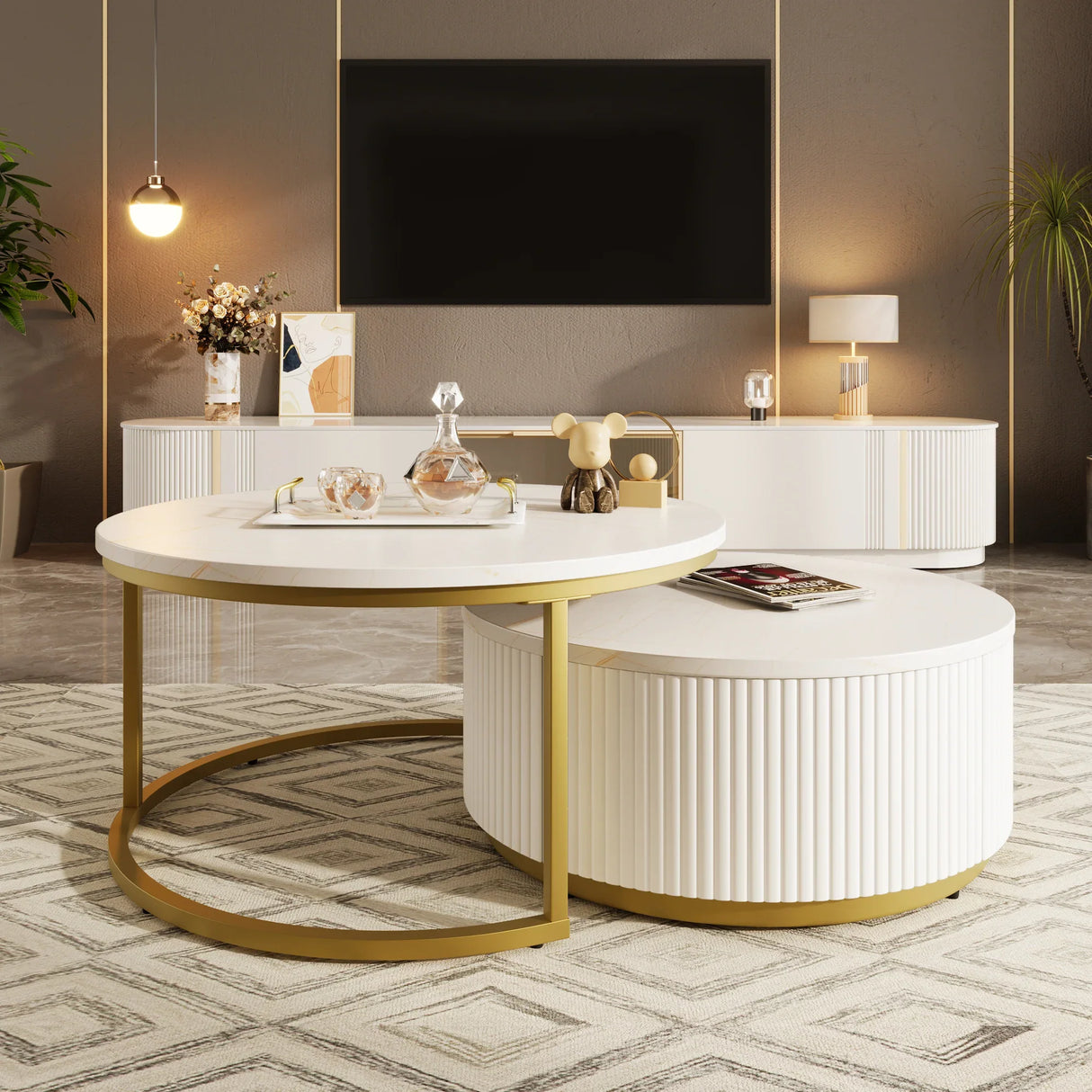 Round Nesting Coffee Table Fluted Drawer Gold and White - Furniture Home Direct