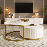 Round Nesting Coffee Table Fluted Drawer Gold and White - Furniture Home Direct