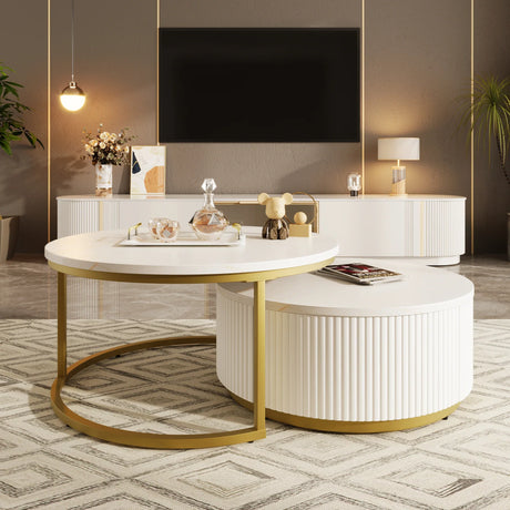 Round Nesting Coffee Table Fluted Drawer Gold and White - Furniture Home Direct