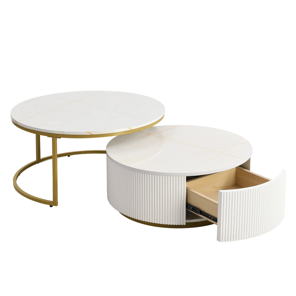 Round Nesting Coffee Table Fluted Drawer Gold and White - Furniture Home Direct