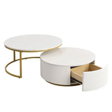 Round Nesting Coffee Table Fluted Drawer Gold and White - Furniture Home Direct