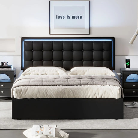 Storage Platform Bed Tufted Upholstered with LED Black - Furniture Home Direct