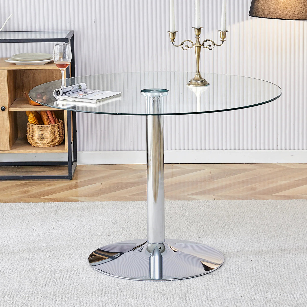 Dining Table Round Glass Top With Chrome Pedestal Silver - Furniture Home Direct