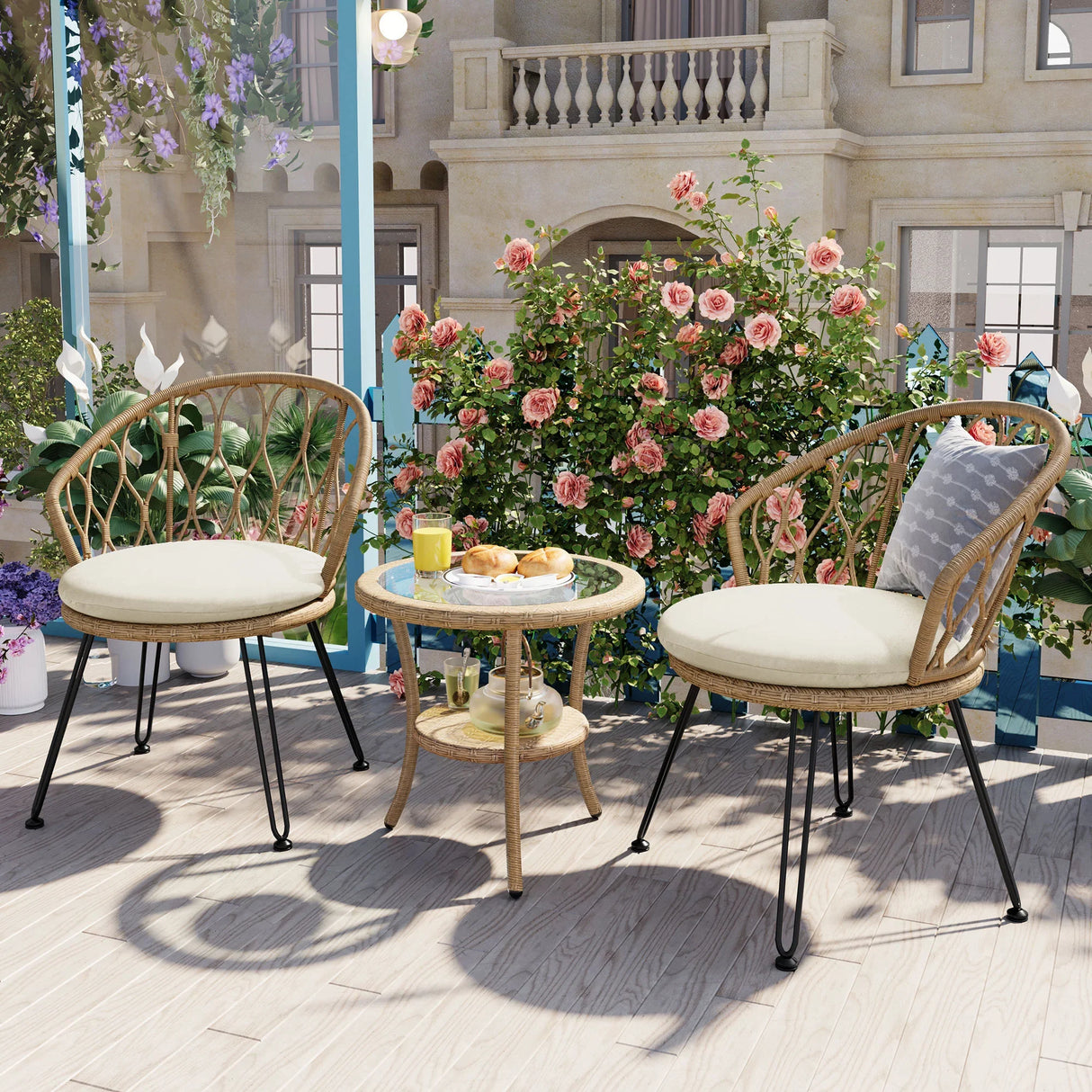 Outdoor Rattan Bistro Set With Glass Top Cushions Beige - Furniture Home Direct